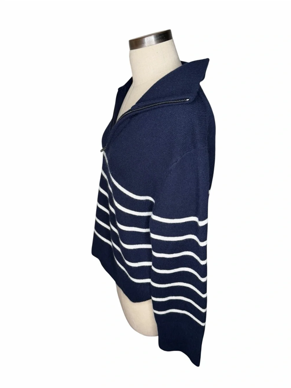 BANANA REPUBLIC Half Zip Cashmere Sweater Navy and White Zip-Up Striped Womens S - Picture 3 of 7